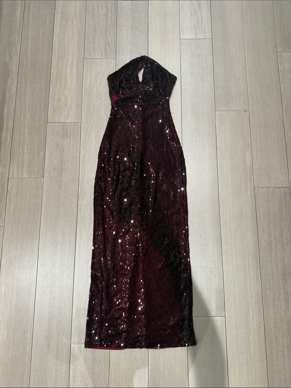 Reformation Iridessa Burgundy Sequin Halter Maxi Dress